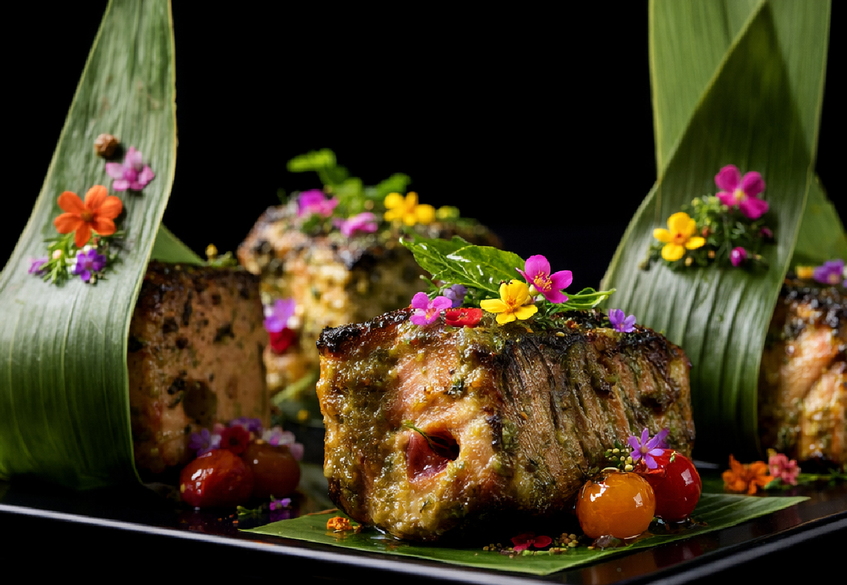 Mustard and Dill Salmon Tikka in Pandan Leaf